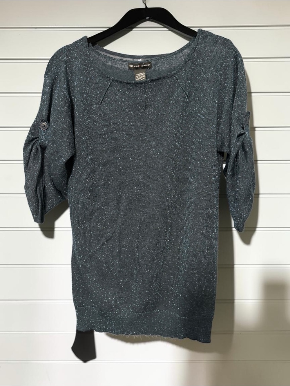New York & Company Black Metallic Knit Sweater Top Roll Tab Sleeve Women's XS